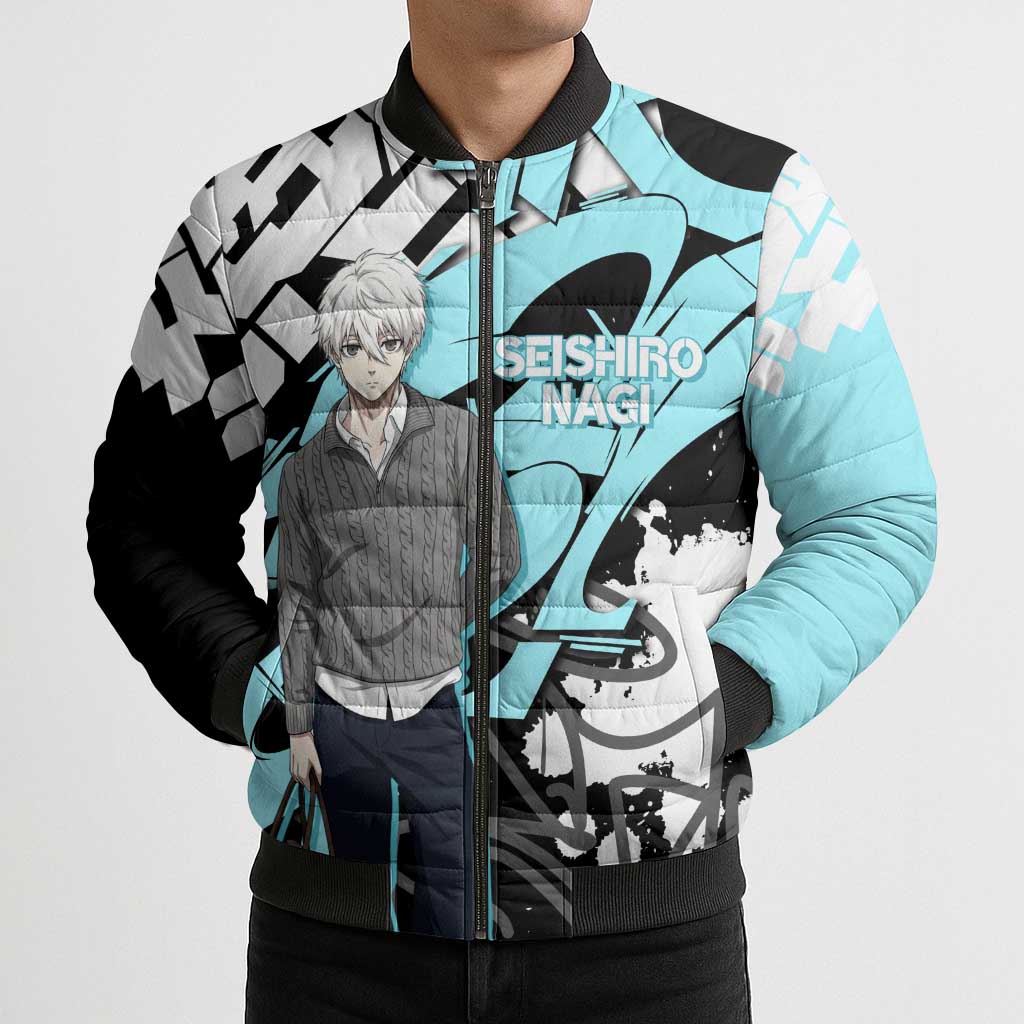 Seishiro Nagi Blue Lock Bomber Puffer Jacket Light Blue Graffiti Anime Style