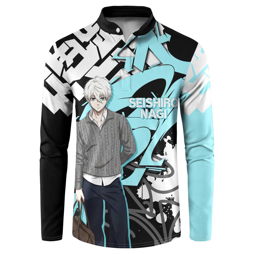 Seishiro Nagi Blue Lock Button Sweatshirt Light Blue Graffiti Anime Style