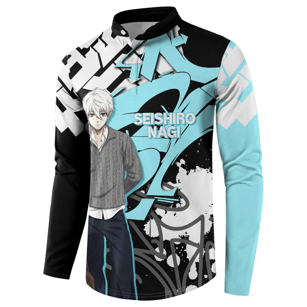 Seishiro Nagi Blue Lock Button Sweatshirt Light Blue Graffiti Anime Style