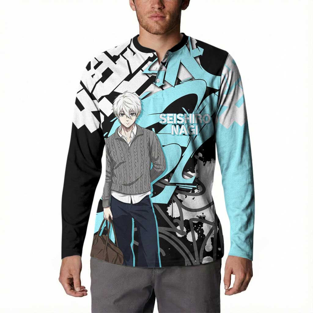 Seishiro Nagi Blue Lock Button Sweatshirt Light Blue Graffiti Anime Style