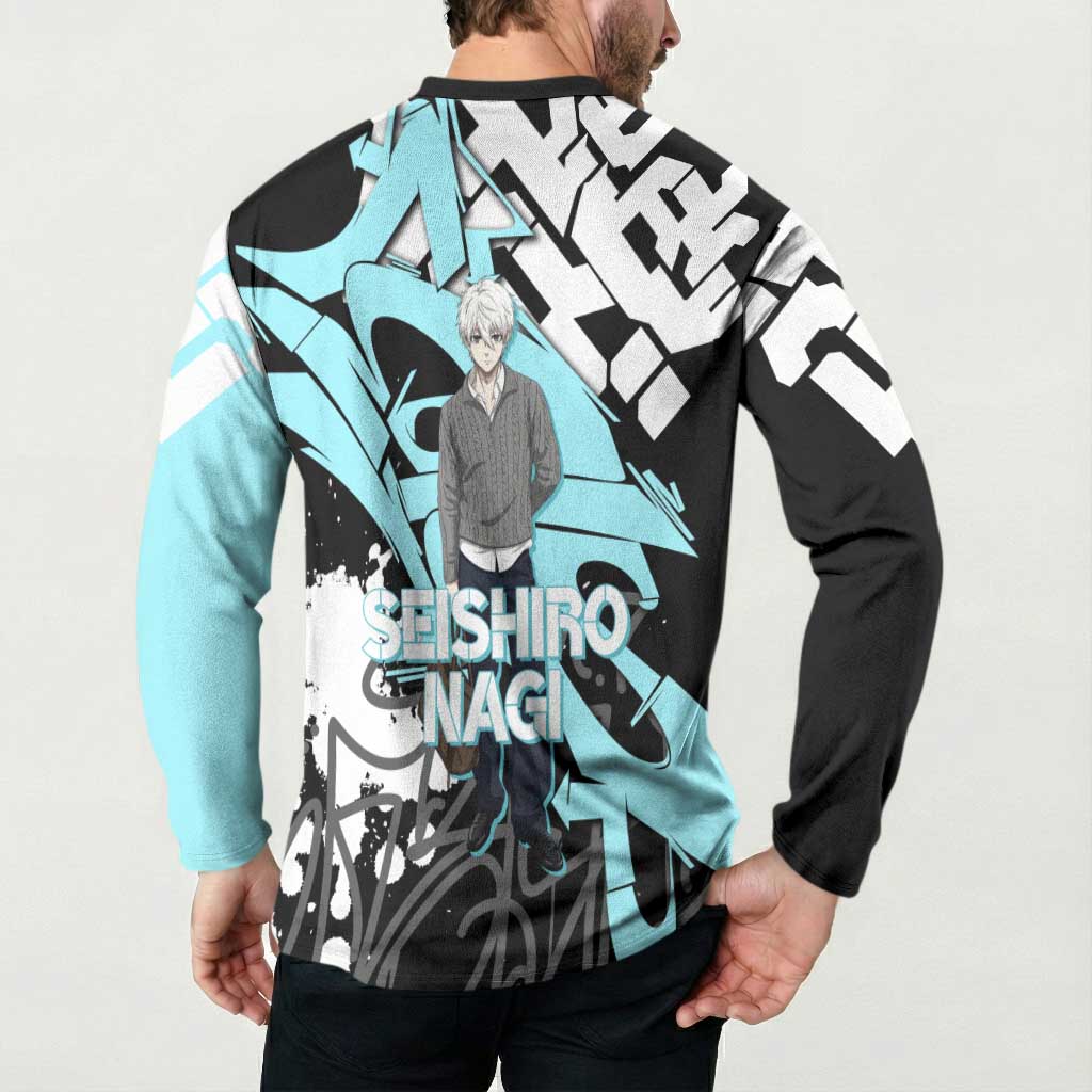 Seishiro Nagi Blue Lock Button Sweatshirt Light Blue Graffiti Anime Style