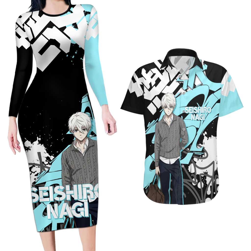 Seishiro Nagi Blue Lock Couples Matching Long Sleeve Bodycon Dress and Hawaiian Shirt Light Blue Graffiti Anime Style