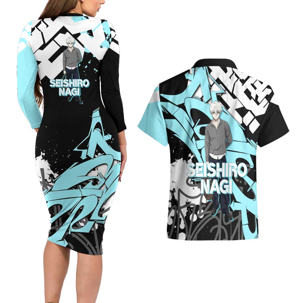 Seishiro Nagi Blue Lock Couples Matching Long Sleeve Bodycon Dress and Hawaiian Shirt Light Blue Graffiti Anime Style