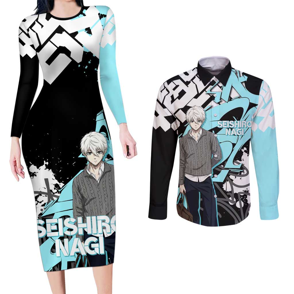 Seishiro Nagi Blue Lock Couples Matching Long Sleeve Bodycon Dress and Long Sleeve Button Shirt Light Blue Graffiti Anime Style