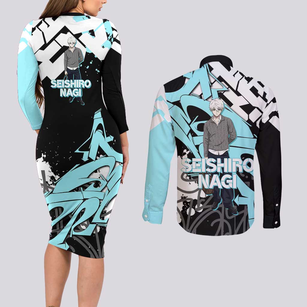 Seishiro Nagi Blue Lock Couples Matching Long Sleeve Bodycon Dress and Long Sleeve Button Shirt Light Blue Graffiti Anime Style