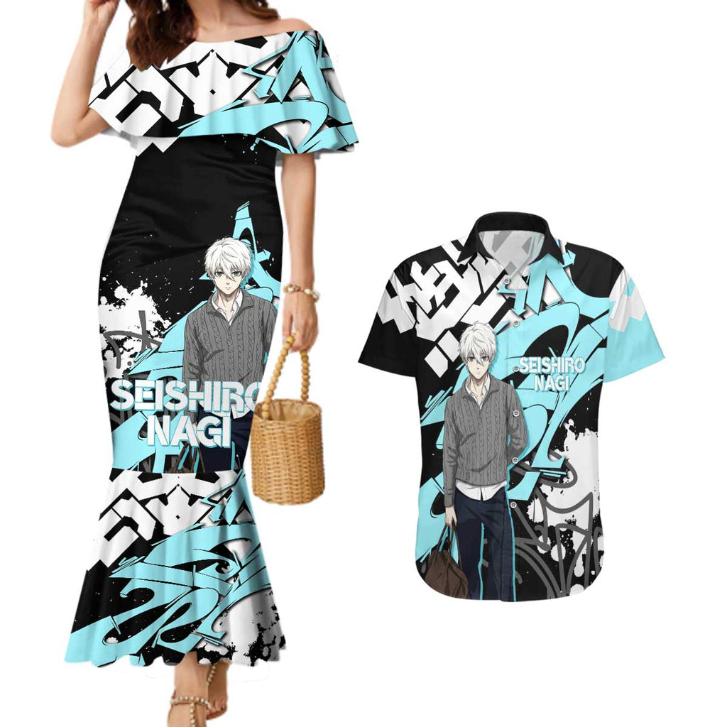 Seishiro Nagi Blue Lock Couples Matching Mermaid Dress and Hawaiian Shirt Light Blue Graffiti Anime Style