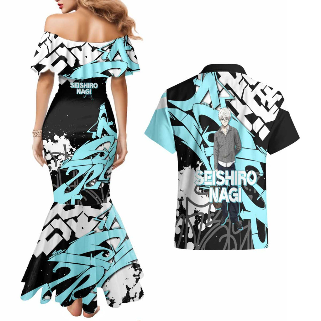 Seishiro Nagi Blue Lock Couples Matching Mermaid Dress and Hawaiian Shirt Light Blue Graffiti Anime Style