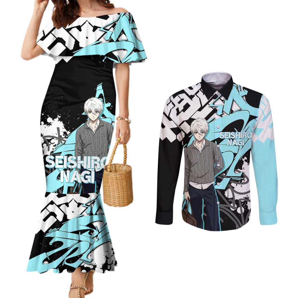 Seishiro Nagi Blue Lock Couples Matching Mermaid Dress and Long Sleeve Button Shirt Light Blue Graffiti Anime Style