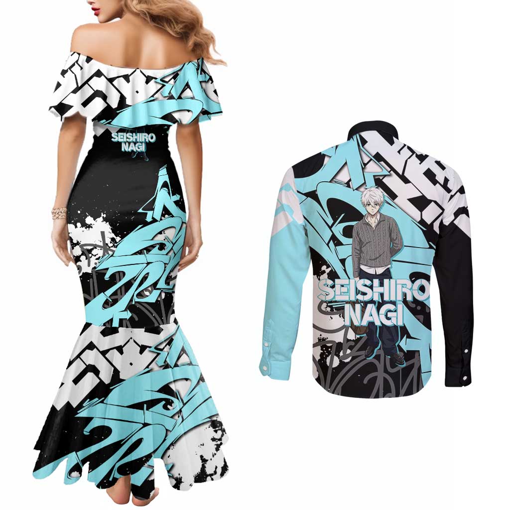 Seishiro Nagi Blue Lock Couples Matching Mermaid Dress and Long Sleeve Button Shirt Light Blue Graffiti Anime Style