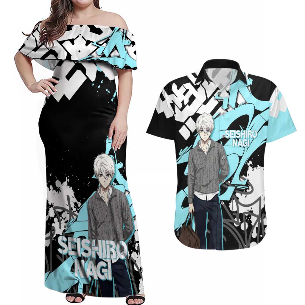 Seishiro Nagi Blue Lock Couples Matching Off Shoulder Maxi Dress and Hawaiian Shirt Light Blue Graffiti Anime Style