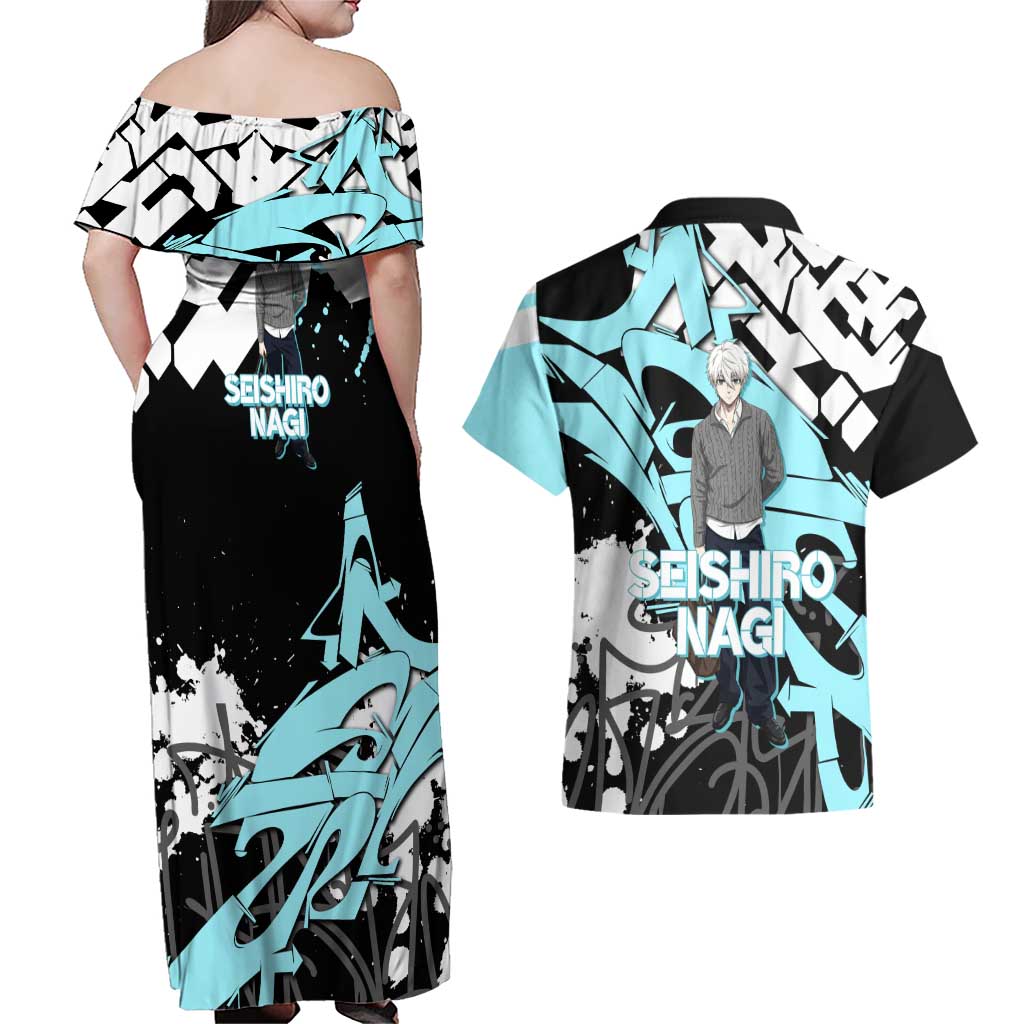 Seishiro Nagi Blue Lock Couples Matching Off Shoulder Maxi Dress and Hawaiian Shirt Light Blue Graffiti Anime Style