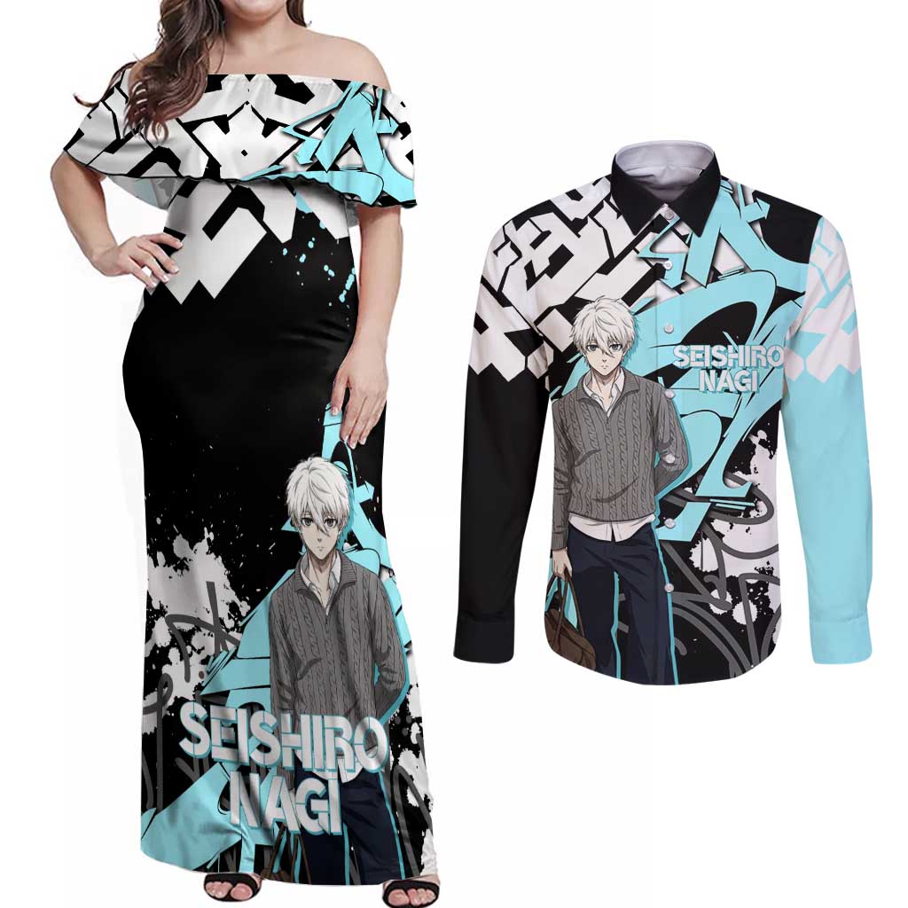 Seishiro Nagi Blue Lock Couples Matching Off Shoulder Maxi Dress and Long Sleeve Button Shirt Light Blue Graffiti Anime Style