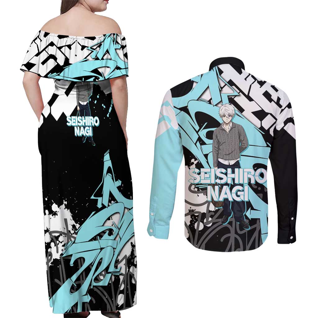Seishiro Nagi Blue Lock Couples Matching Off Shoulder Maxi Dress and Long Sleeve Button Shirt Light Blue Graffiti Anime Style