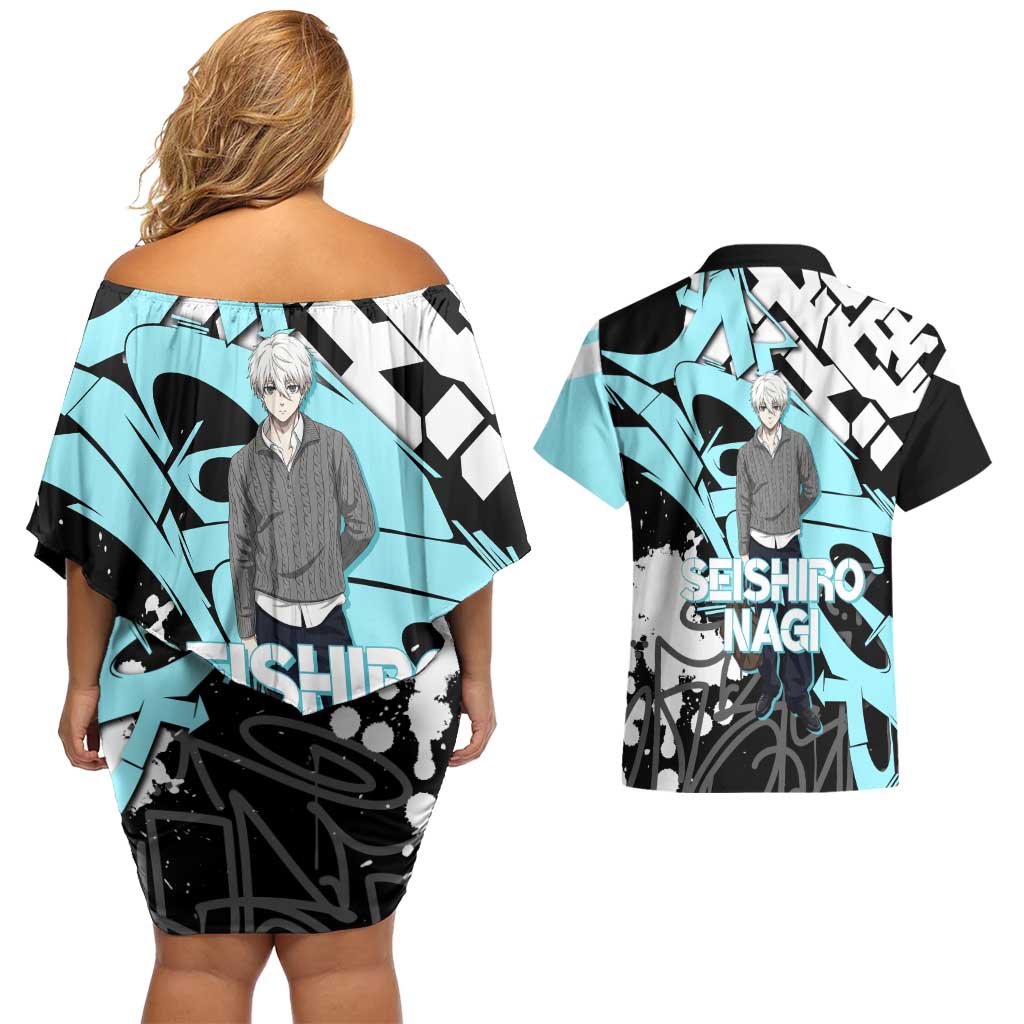 Seishiro Nagi Blue Lock Couples Matching Off Shoulder Short Dress and Hawaiian Shirt Light Blue Graffiti Anime Style