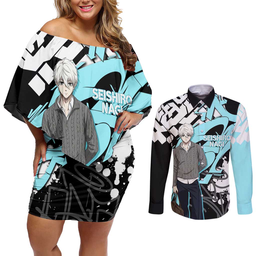 Seishiro Nagi Blue Lock Couples Matching Off Shoulder Short Dress and Long Sleeve Button Shirt Light Blue Graffiti Anime Style