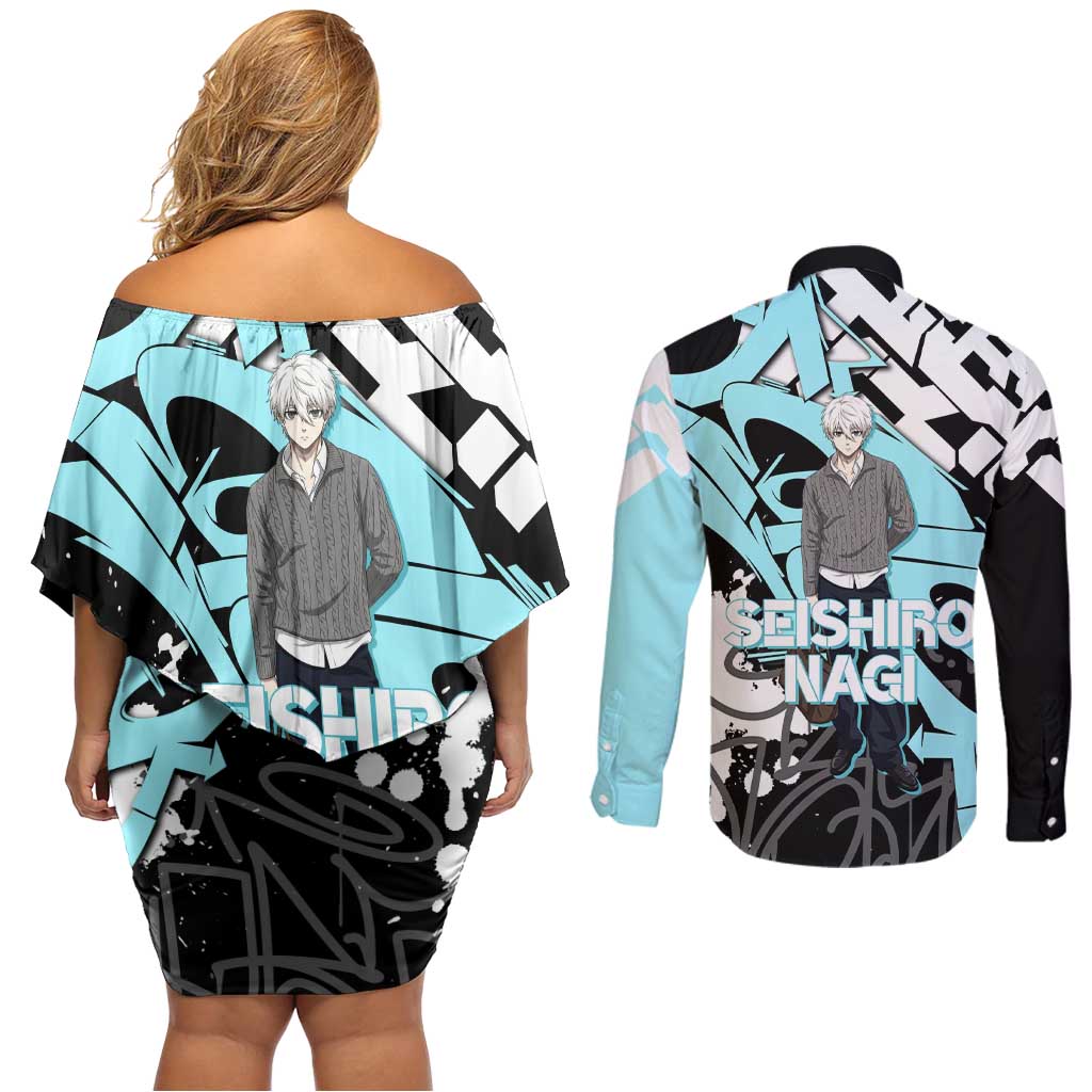 Seishiro Nagi Blue Lock Couples Matching Off Shoulder Short Dress and Long Sleeve Button Shirt Light Blue Graffiti Anime Style