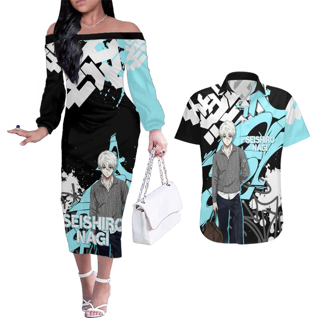 Seishiro Nagi Blue Lock Couples Matching Off The Shoulder Long Sleeve Dress and Hawaiian Shirt Light Blue Graffiti Anime Style