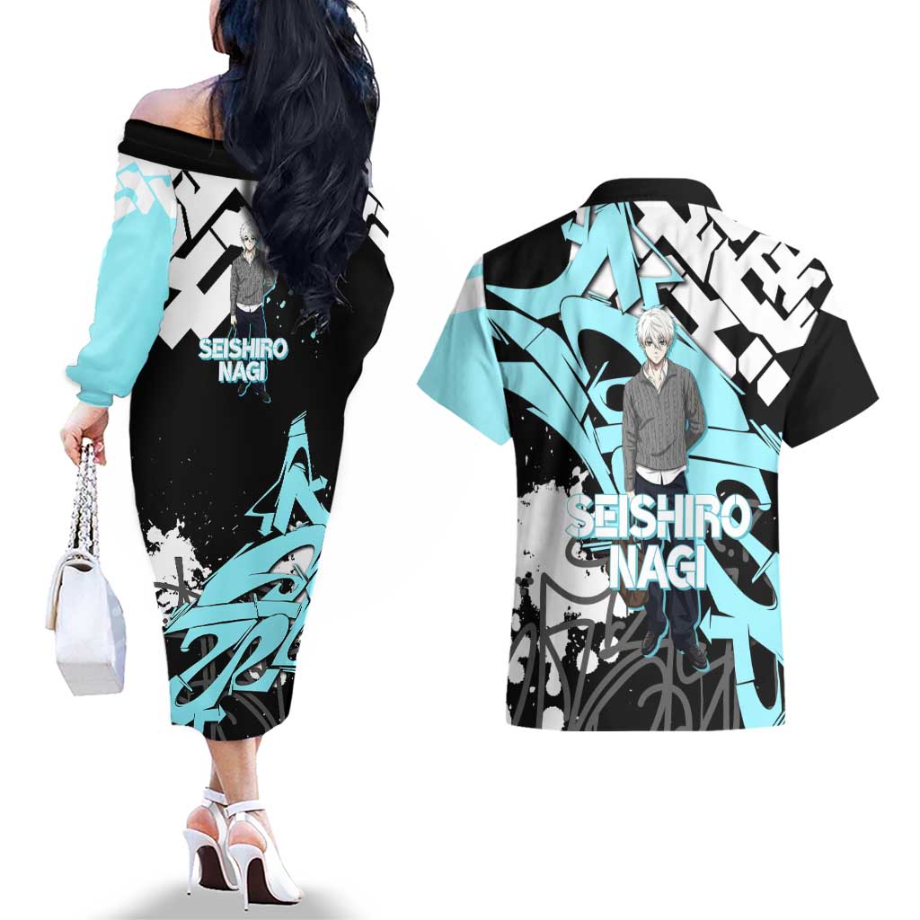 Seishiro Nagi Blue Lock Couples Matching Off The Shoulder Long Sleeve Dress and Hawaiian Shirt Light Blue Graffiti Anime Style