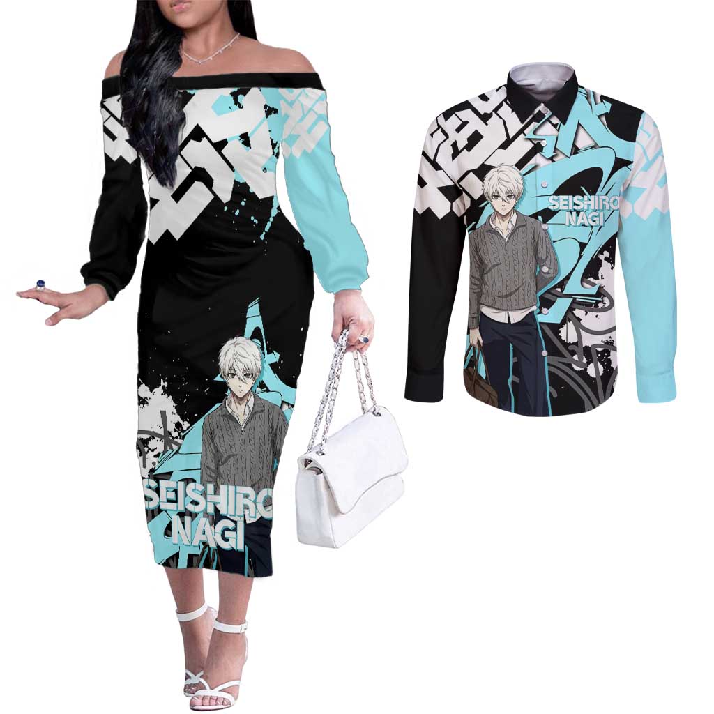 Seishiro Nagi Blue Lock Couples Matching Off The Shoulder Long Sleeve Dress and Long Sleeve Button Shirt Light Blue Graffiti Anime Style