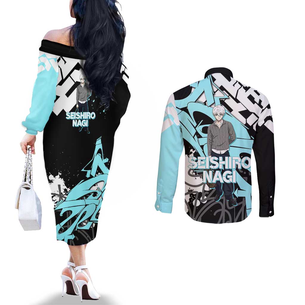 Seishiro Nagi Blue Lock Couples Matching Off The Shoulder Long Sleeve Dress and Long Sleeve Button Shirt Light Blue Graffiti Anime Style