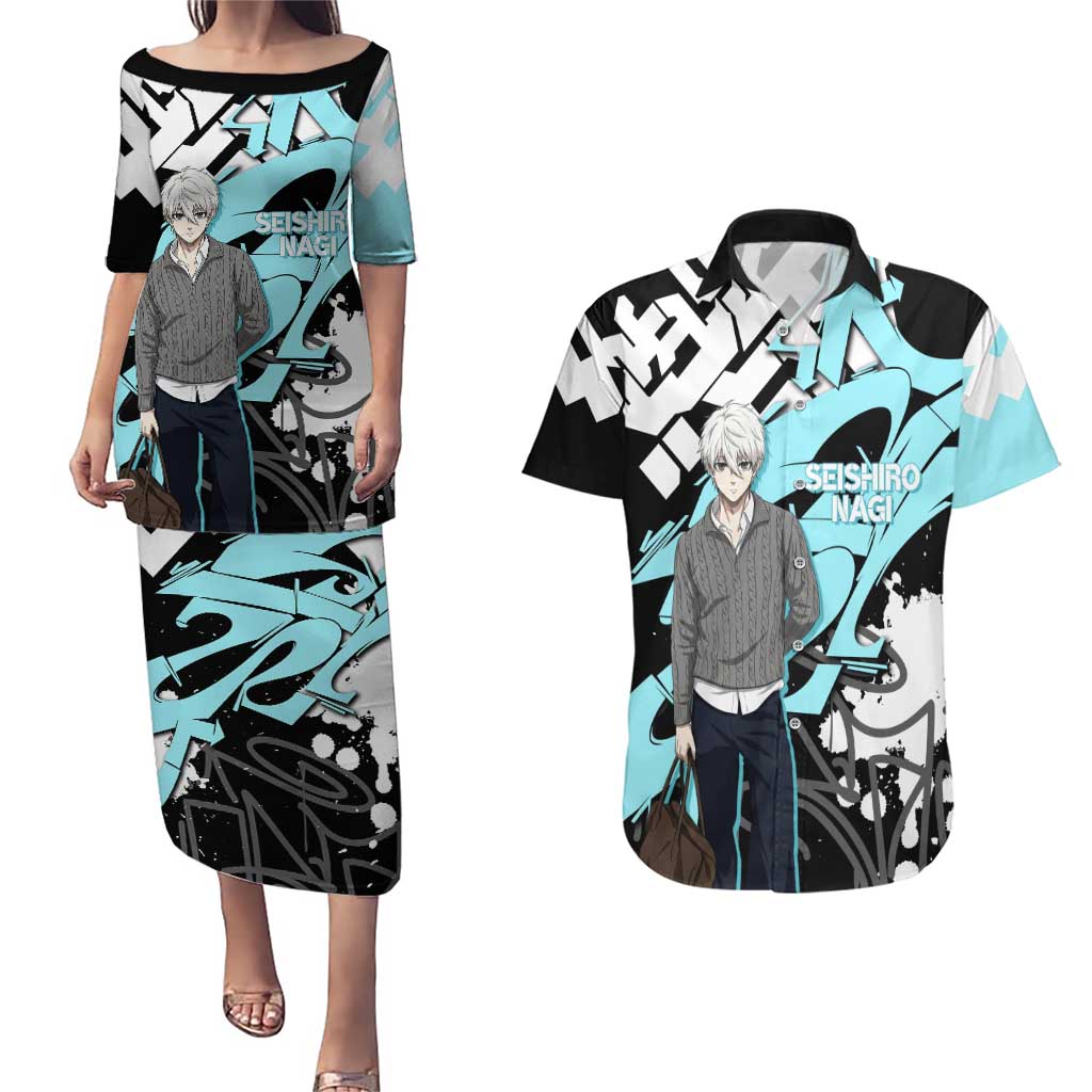 Seishiro Nagi Blue Lock Couples Matching Puletasi and Hawaiian Shirt Light Blue Graffiti Anime Style