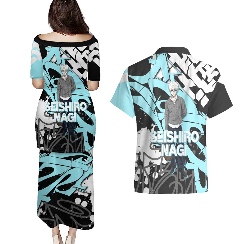 Seishiro Nagi Blue Lock Couples Matching Puletasi and Hawaiian Shirt Light Blue Graffiti Anime Style