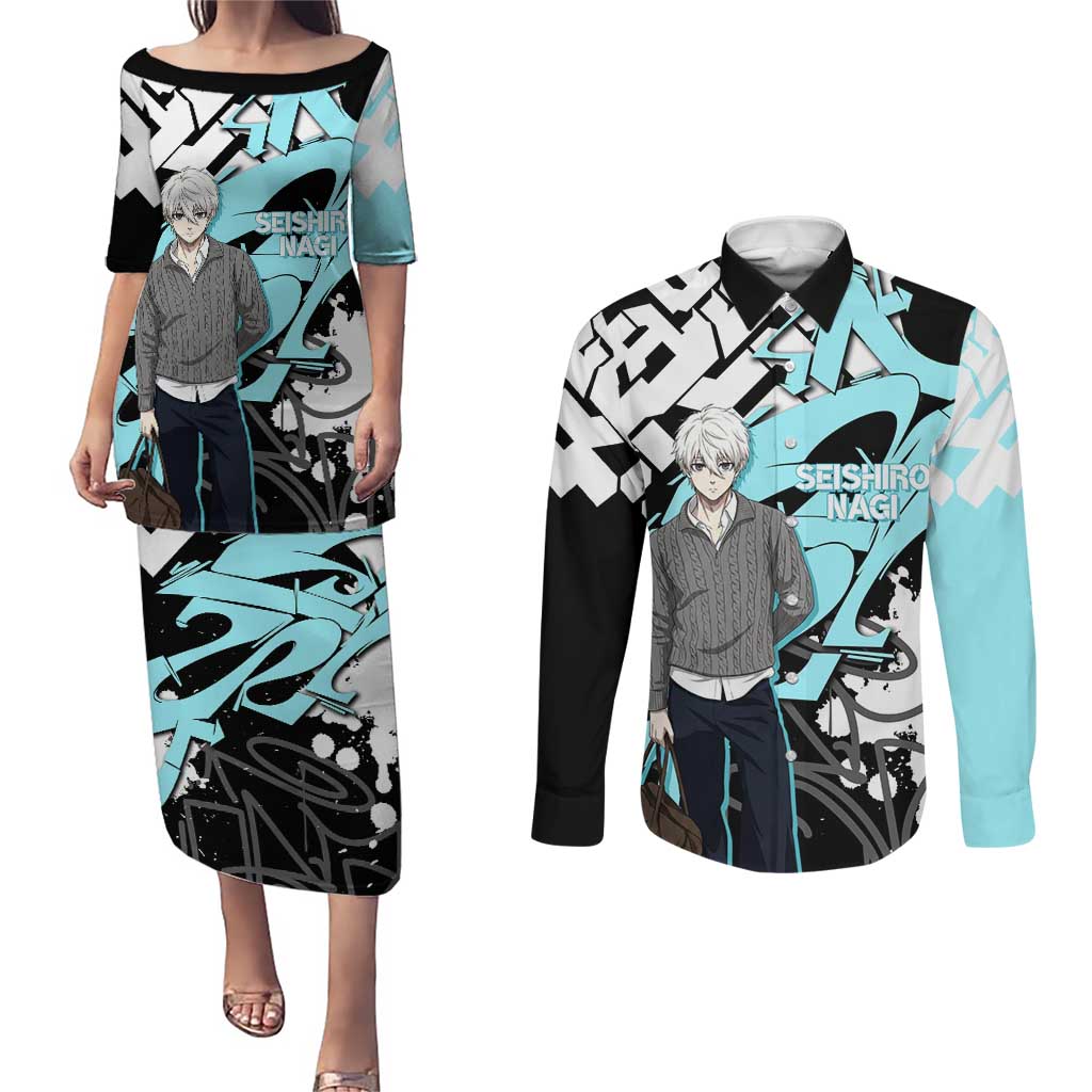 Seishiro Nagi Blue Lock Couples Matching Puletasi and Long Sleeve Button Shirt Light Blue Graffiti Anime Style