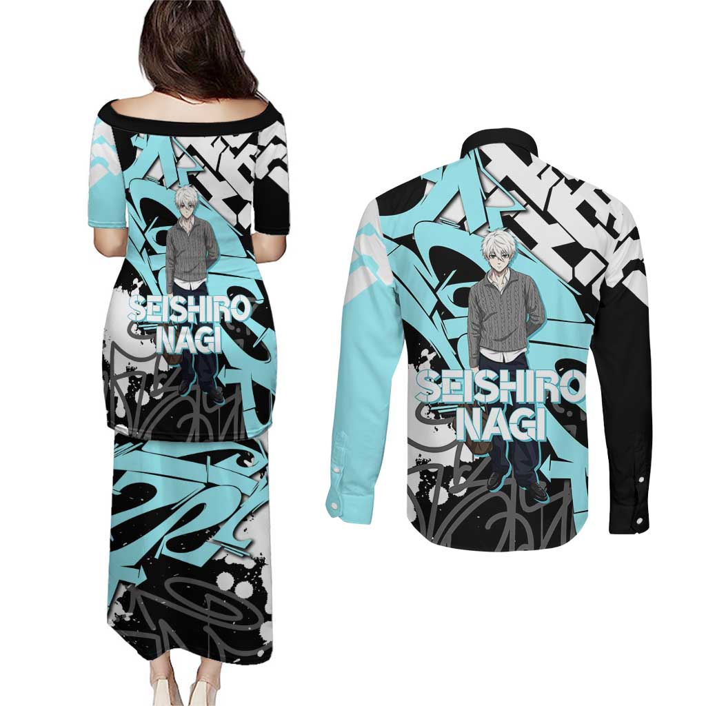 Seishiro Nagi Blue Lock Couples Matching Puletasi and Long Sleeve Button Shirt Light Blue Graffiti Anime Style