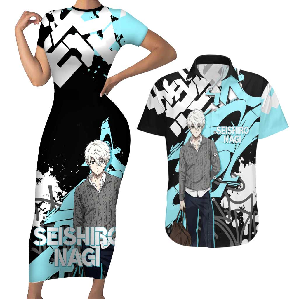 Seishiro Nagi Blue Lock Couples Matching Short Sleeve Bodycon Dress and Hawaiian Shirt Light Blue Graffiti Anime Style