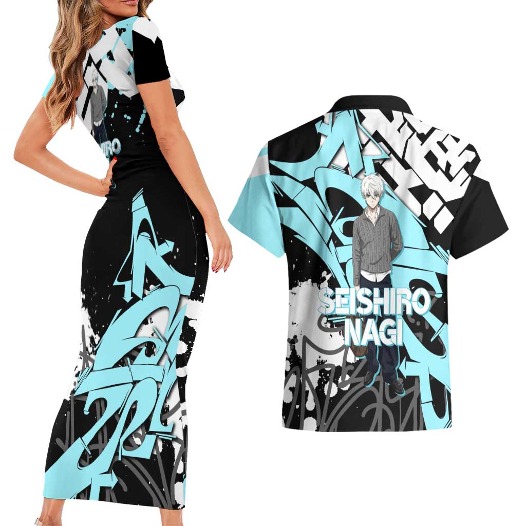 Seishiro Nagi Blue Lock Couples Matching Short Sleeve Bodycon Dress and Hawaiian Shirt Light Blue Graffiti Anime Style