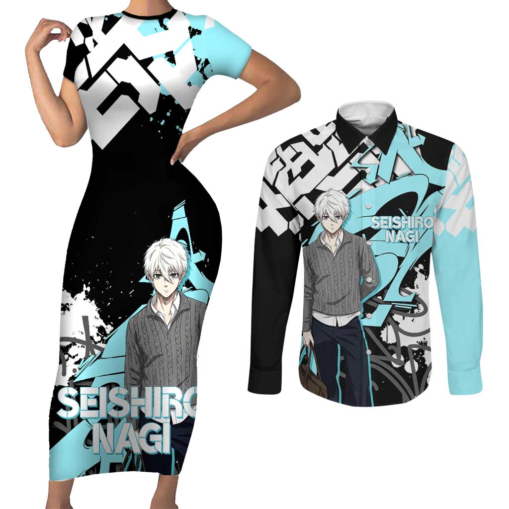 Seishiro Nagi Blue Lock Couples Matching Short Sleeve Bodycon Dress and Long Sleeve Button Shirt Light Blue Graffiti Anime Style