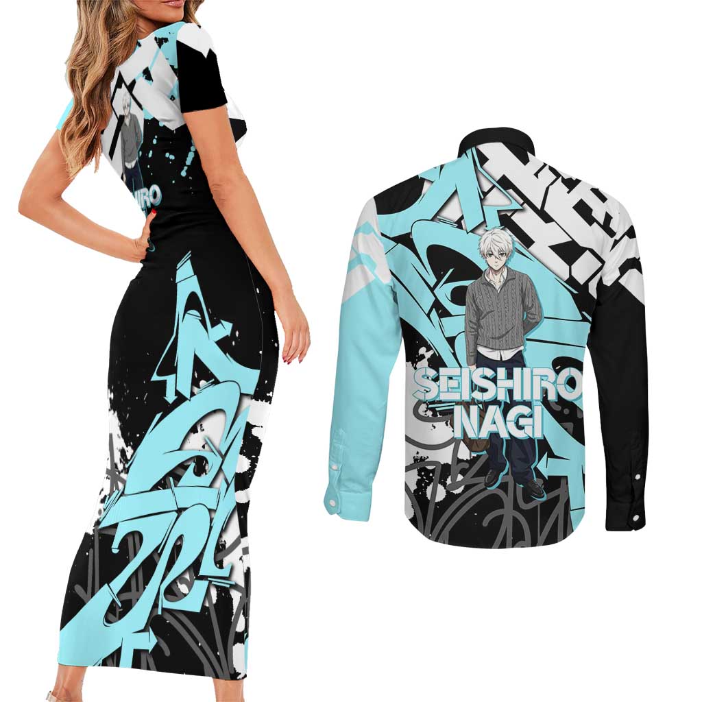 Seishiro Nagi Blue Lock Couples Matching Short Sleeve Bodycon Dress and Long Sleeve Button Shirt Light Blue Graffiti Anime Style
