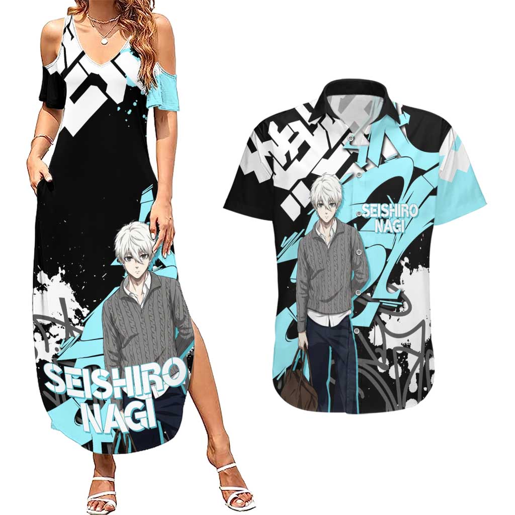 Seishiro Nagi Blue Lock Couples Matching Summer Maxi Dress and Hawaiian Shirt Light Blue Graffiti Anime Style