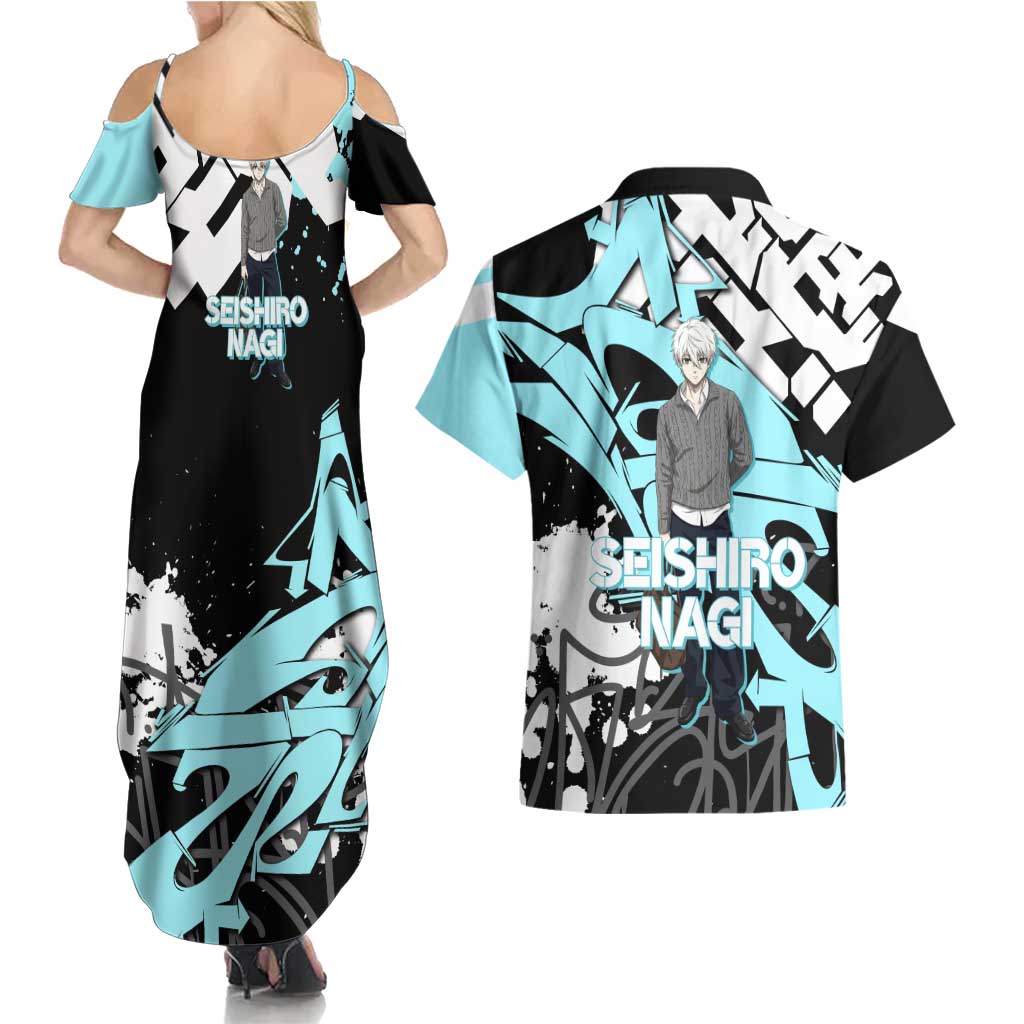 Seishiro Nagi Blue Lock Couples Matching Summer Maxi Dress and Hawaiian Shirt Light Blue Graffiti Anime Style