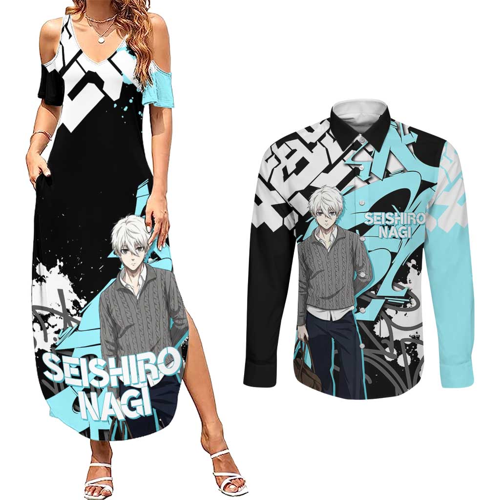 Seishiro Nagi Blue Lock Couples Matching Summer Maxi Dress and Long Sleeve Button Shirt Light Blue Graffiti Anime Style
