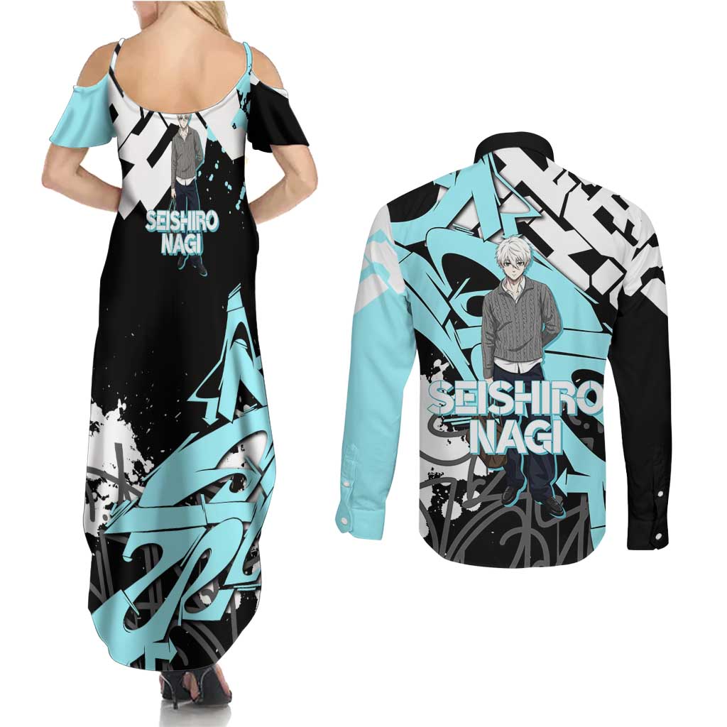Seishiro Nagi Blue Lock Couples Matching Summer Maxi Dress and Long Sleeve Button Shirt Light Blue Graffiti Anime Style