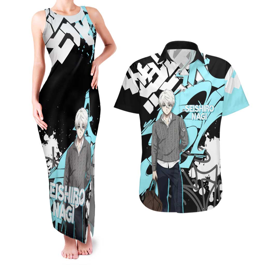 Seishiro Nagi Blue Lock Couples Matching Tank Maxi Dress and Hawaiian Shirt Light Blue Graffiti Anime Style