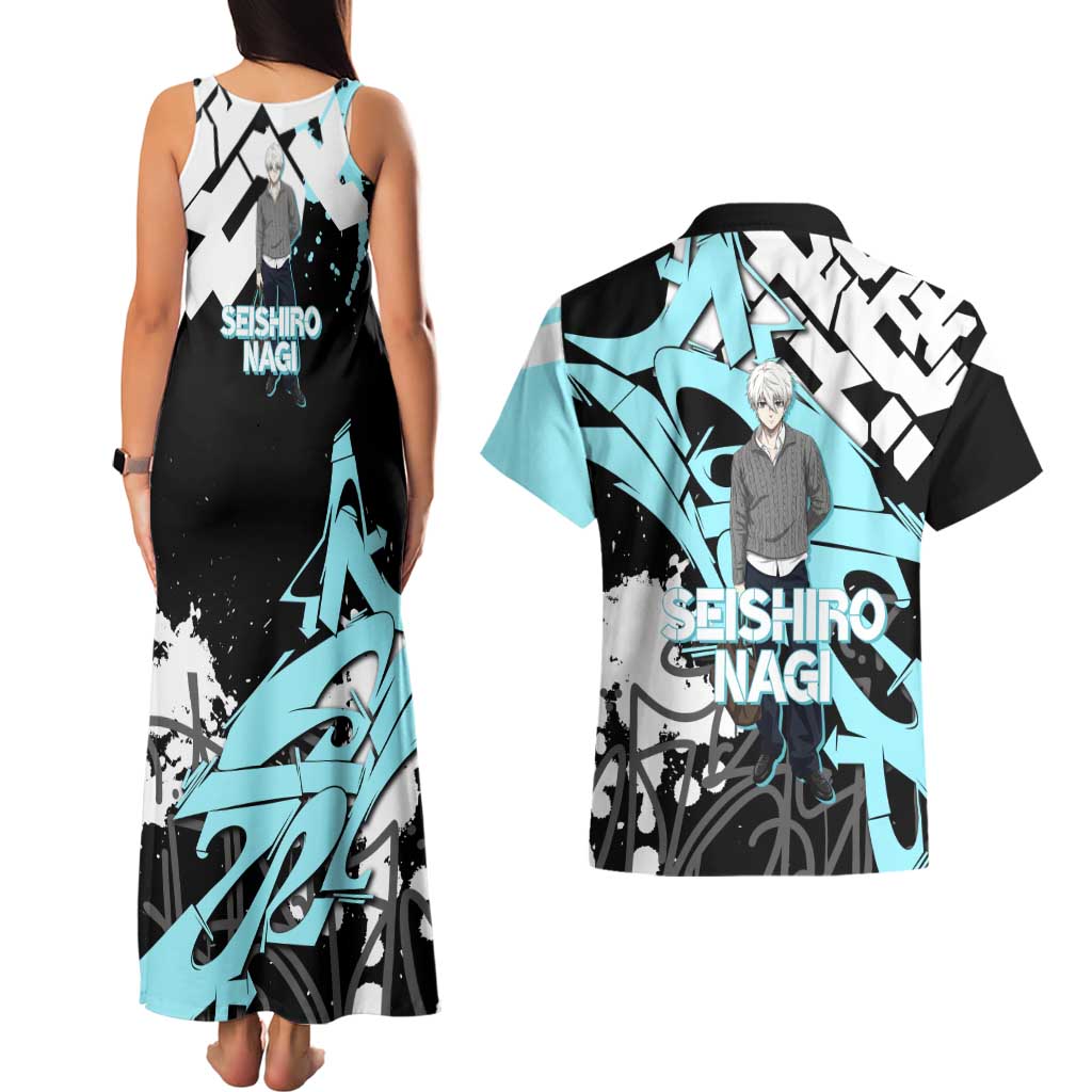 Seishiro Nagi Blue Lock Couples Matching Tank Maxi Dress and Hawaiian Shirt Light Blue Graffiti Anime Style