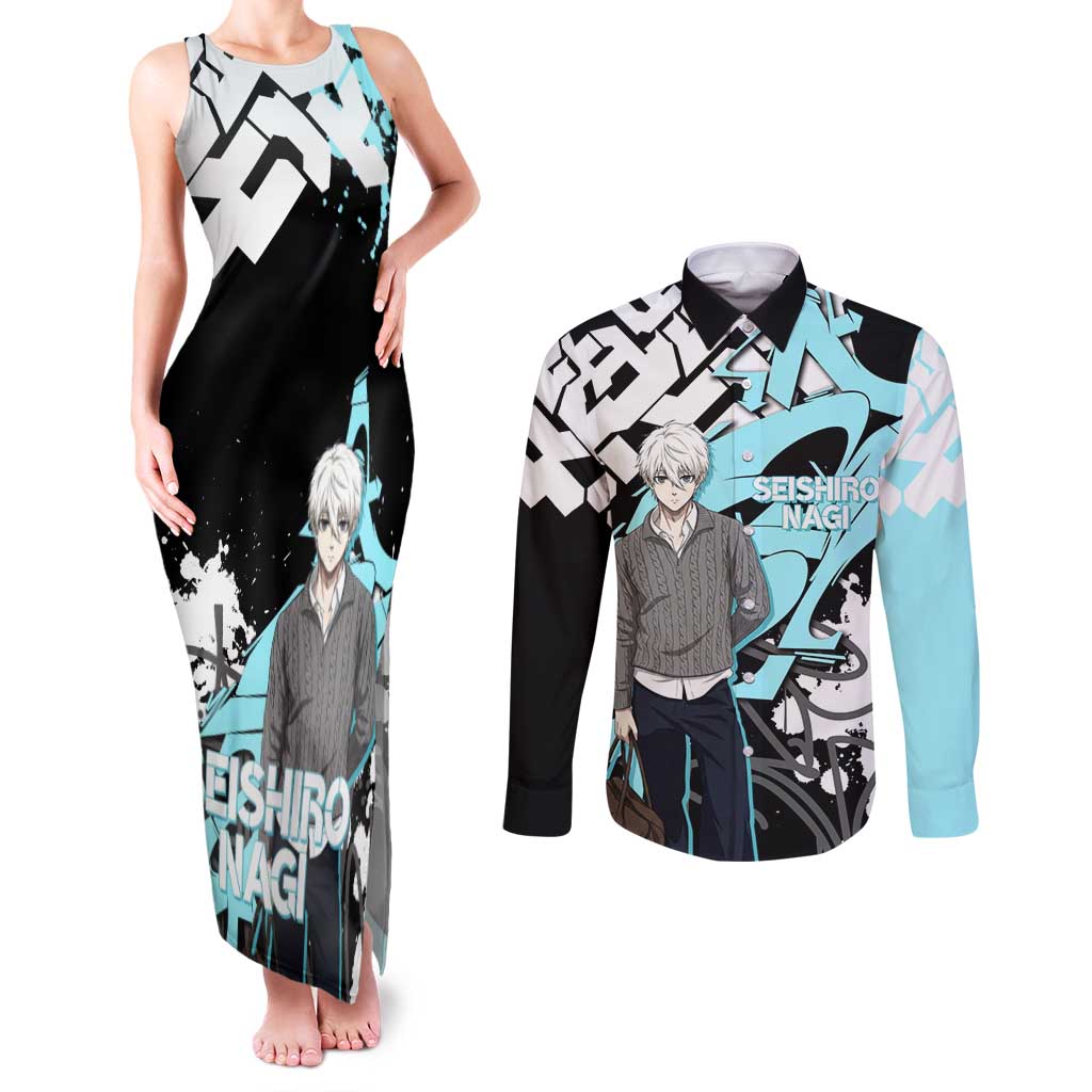 Seishiro Nagi Blue Lock Couples Matching Tank Maxi Dress and Long Sleeve Button Shirt Light Blue Graffiti Anime Style