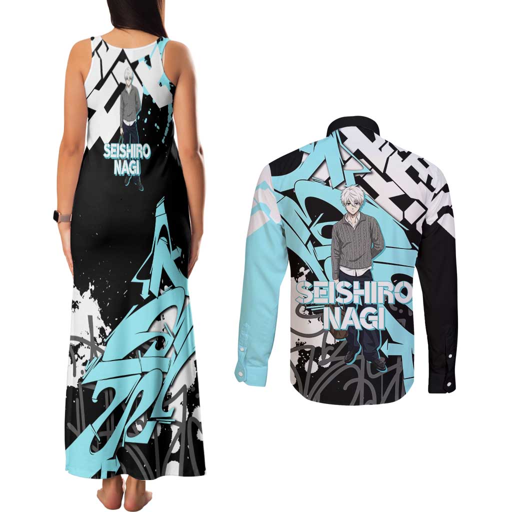Seishiro Nagi Blue Lock Couples Matching Tank Maxi Dress and Long Sleeve Button Shirt Light Blue Graffiti Anime Style