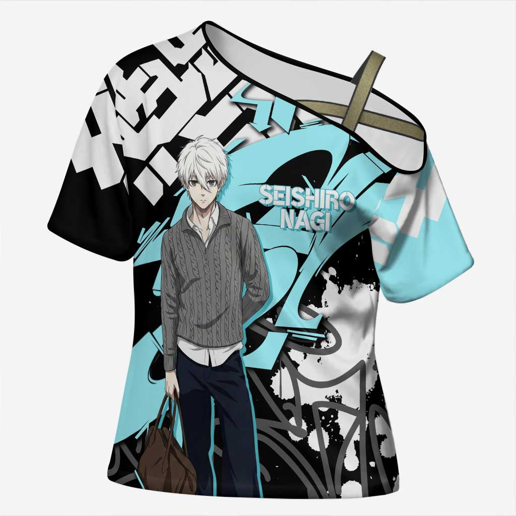Seishiro Nagi Blue Lock Cross Shoulder Shirt Light Blue Graffiti Anime Style