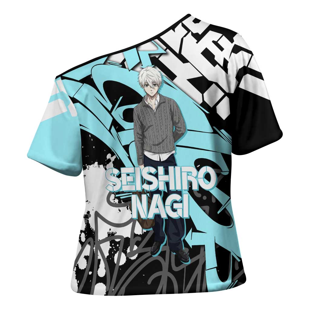 Seishiro Nagi Blue Lock Cross Shoulder Shirt Light Blue Graffiti Anime Style
