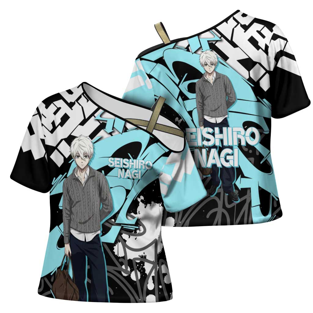 Seishiro Nagi Blue Lock Cross Shoulder Shirt Light Blue Graffiti Anime Style