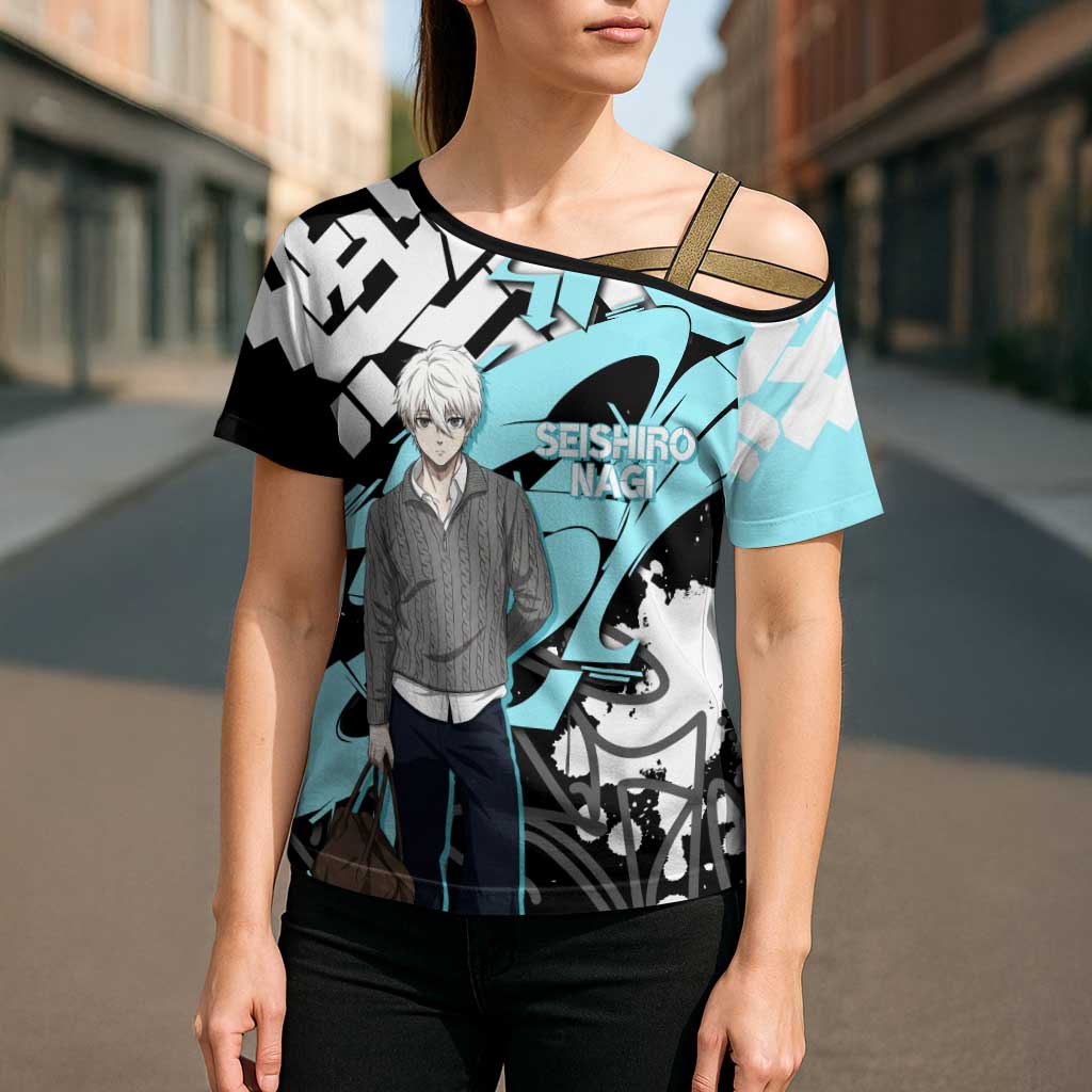 Seishiro Nagi Blue Lock Cross Shoulder Shirt Light Blue Graffiti Anime Style
