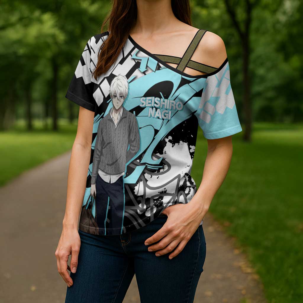 Seishiro Nagi Blue Lock Cross Shoulder Shirt Light Blue Graffiti Anime Style