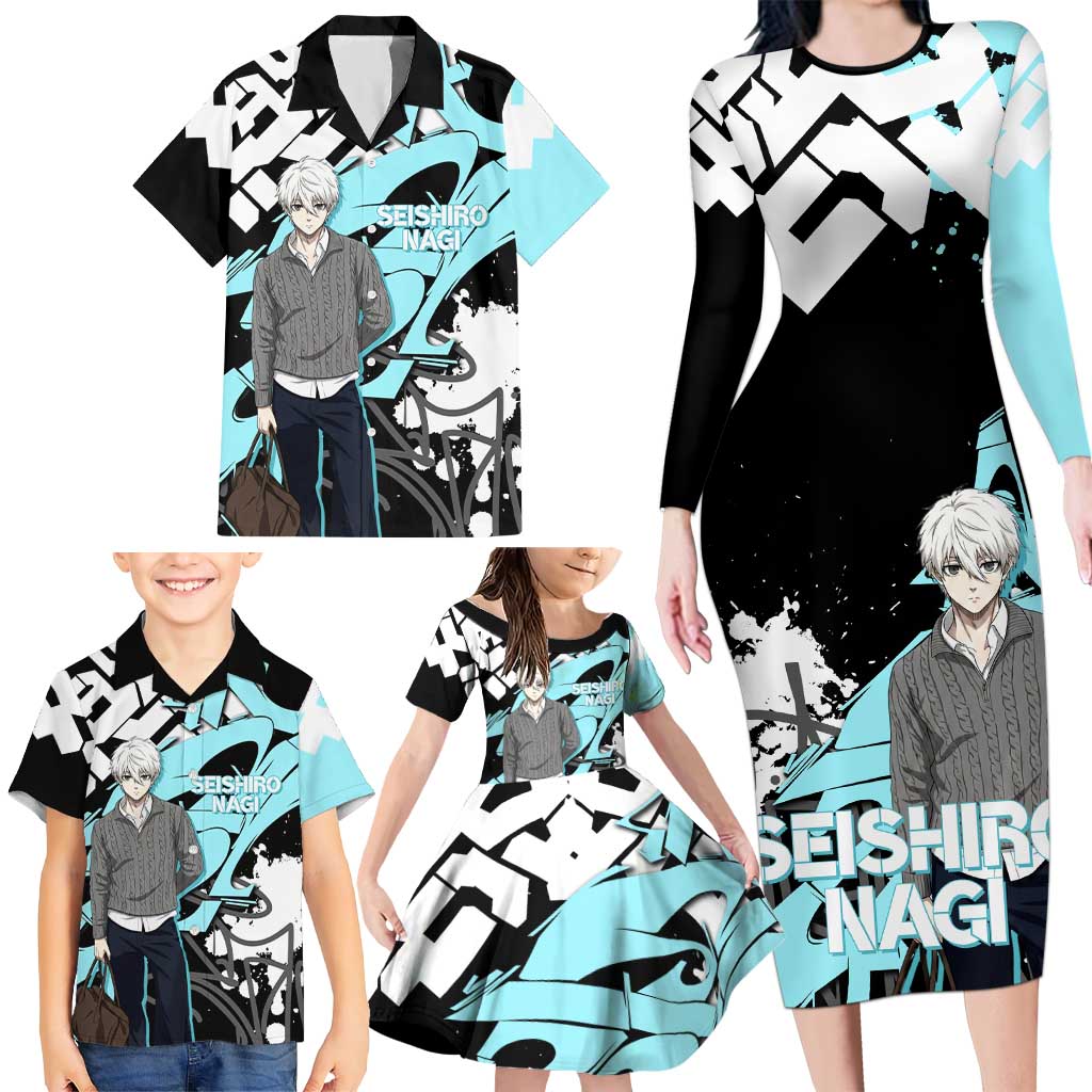 Seishiro Nagi Blue Lock Family Matching Long Sleeve Bodycon Dress and Hawaiian Shirt Light Blue Graffiti Anime Style