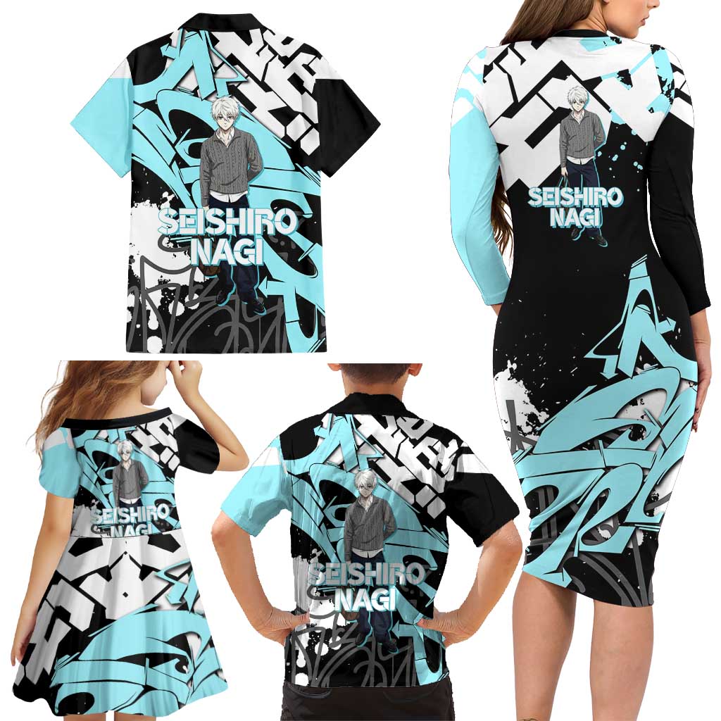 Seishiro Nagi Blue Lock Family Matching Long Sleeve Bodycon Dress and Hawaiian Shirt Light Blue Graffiti Anime Style