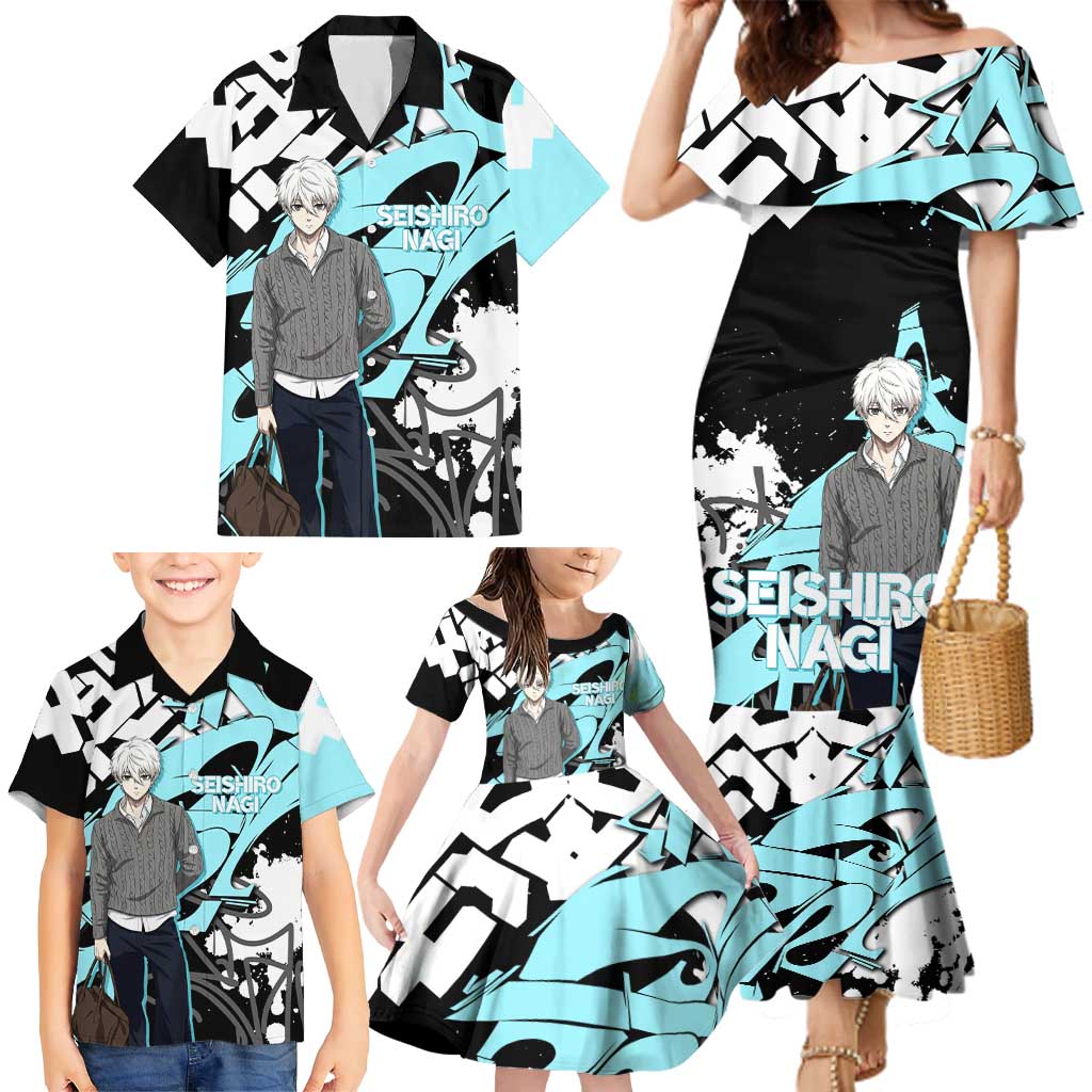 Seishiro Nagi Blue Lock Family Matching Mermaid Dress and Hawaiian Shirt Light Blue Graffiti Anime Style