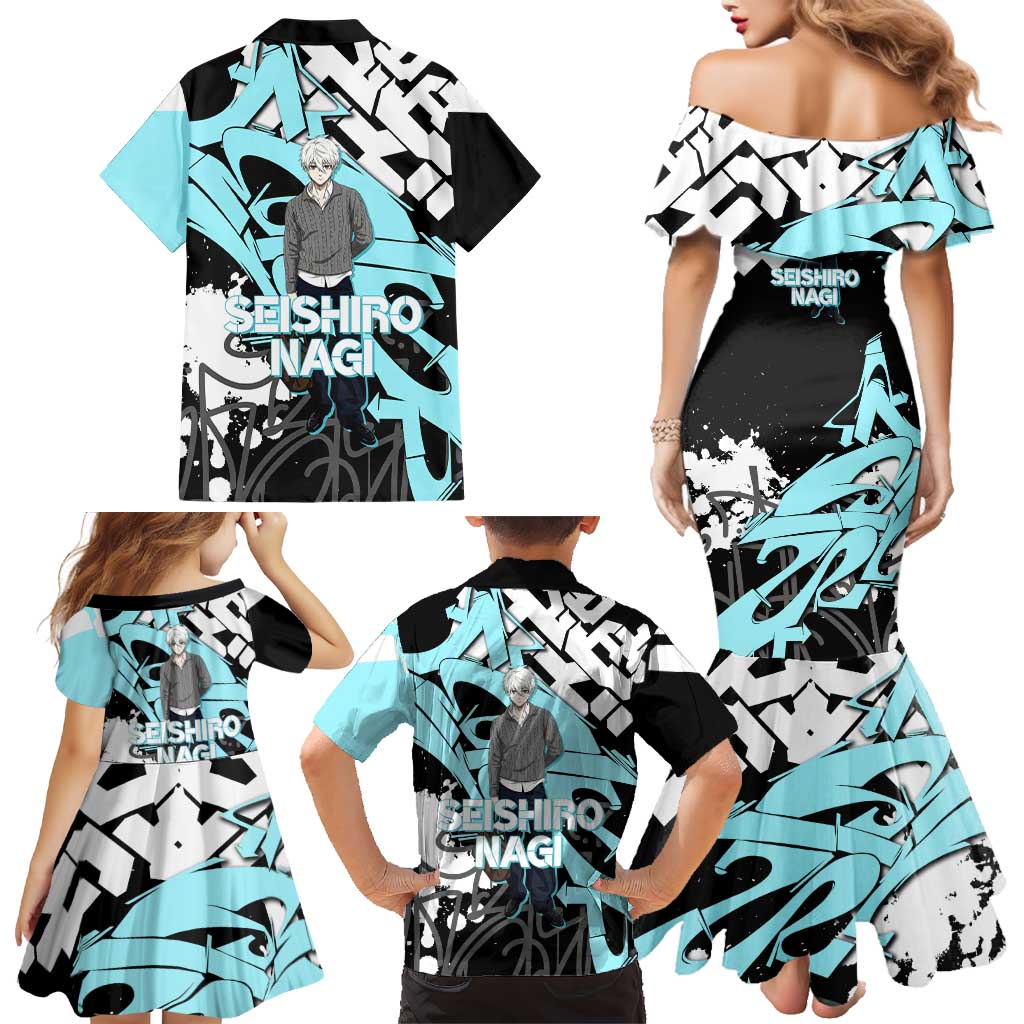 Seishiro Nagi Blue Lock Family Matching Mermaid Dress and Hawaiian Shirt Light Blue Graffiti Anime Style