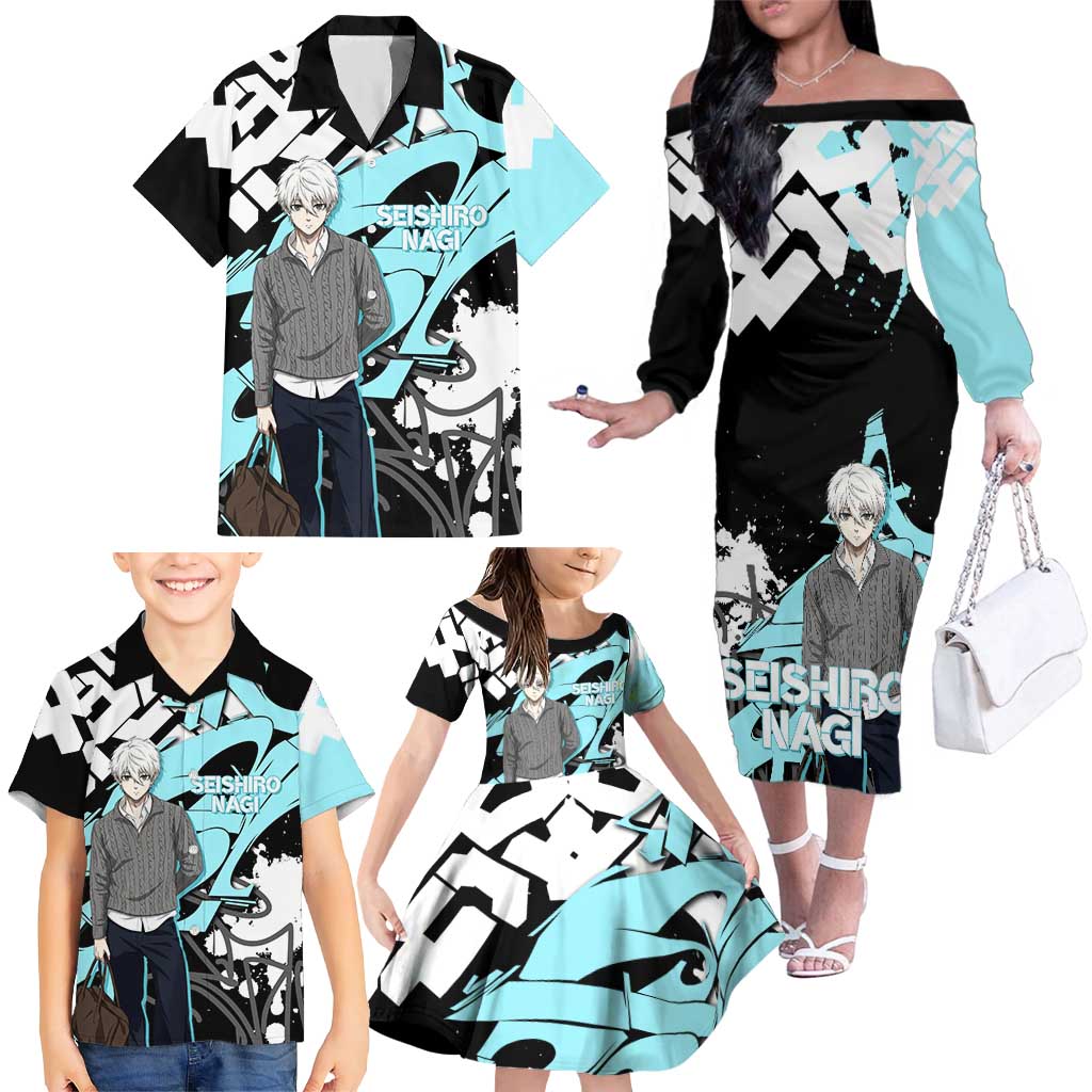 Seishiro Nagi Blue Lock Family Matching Off The Shoulder Long Sleeve Dress and Hawaiian Shirt Light Blue Graffiti Anime Style